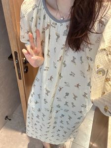 少女甜美卡通印花纯棉睡衣女夏天新款短袖棉纱睡裙家居服连衣裙子