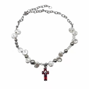 「RED ICE」创十字架配件锆石复古未来项链男女异性珍珠水晶项链