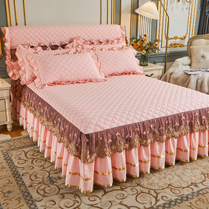 欧式纯色水洗夹棉床裙蕾丝花边公主风床罩裙三件春秋床上用品1.8m