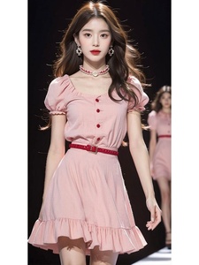 奥莱品牌夏季高端精致法式气质绝美橘粉色方领泡泡袖收腰连衣裙女