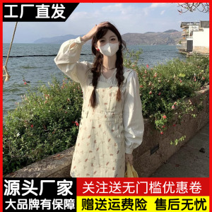 复古减龄小熊牛仔背带裙女夏季宽松小个子a字吊带连衣裙半身短裙