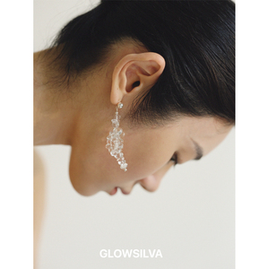 GLOWSILVA/小众高级感925银天然不规则水滴白水晶耳钉长款耳环