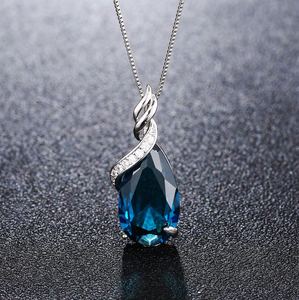 新款镀925银时尚饰品水滴形宝石蓝水晶天然托帕石吊坠项链项坠女