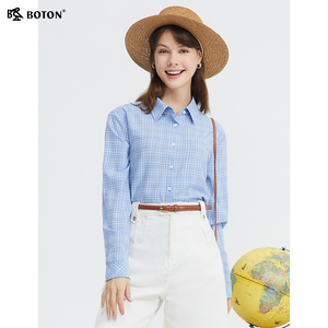 波顿女士2024春夏新款蓝白色格子高端美式休闲长袖衬衫