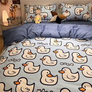 少女心水洗棉蓝色卡通鸭子四件套可爱卡通床上用品单双人床单被套