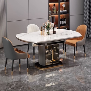 实木餐桌椅组合家用伸缩折叠小户型岩板圆形饭厅桌子现代简约高端
