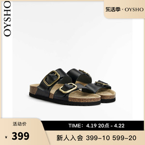 Oysho 黑色平底皮革搭扣凉鞋室内外凉拖 11271380 040