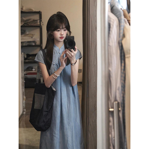 新中式蓝色连衣裙女夏2024新款文艺淑女风旗袍平时可穿两件套裙装