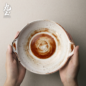 九土粗陶餐具双耳汤碗复古陶瓷微波炉家用大碗日式面碗燕麦碗砂锅