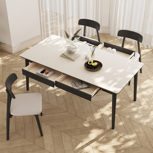 带抽屉实木岩板餐桌椅子组合法式复古侘寂风家用小户型长方形饭桌