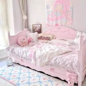 美式实木雕花粉色少女儿童公主抽拉床卧室蝴蝶结拉手储物沙发床