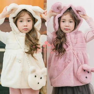 韩国童装COCORIBBON2019冬季新女童毛绒小熊背包夹棉连帽背心马甲