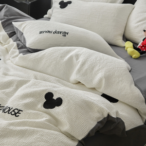 迪士尼纯棉床上四件套100全棉简约黑白被套床单床笠款床品三件套