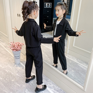 女童西装套装2022年秋季新款洋气韩版女孩子小西服两件套黑色时尚