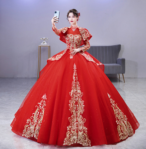 红色长袖春夏季新款蓬蓬裙新娘结婚高档齐地婚纱复古修身显瘦礼服