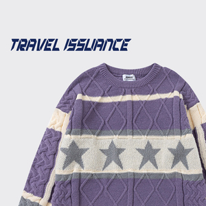 TRAVEL ISSUANCE 拧麻花 日系撞色条纹星星针织男女宽松长袖毛衣