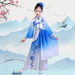 儿童古典舞演出服女童飘逸中国风江南舞蹈服青花瓷扇子舞表演蓝色