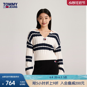 Tommy 24新款春夏女装美式条纹拼色短款露腰POLO领针织毛衣17321