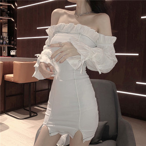 法式仙气超仙短裙2024年夏装新款气质性感一字肩包臀长袖连衣裙女