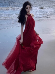 晨袍仙女裙新娘拍照露背红色三亚海边度假沙滩连衣裙长裙飘逸仙气