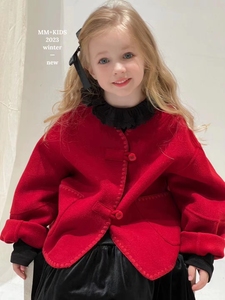 韩国波拉童装女儿童外套新中式盘扣大衣短款双面羊绒国风羊绒外套