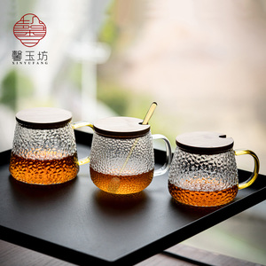 锤纹日式玻璃杯耐热水杯子带盖带勺子咖啡杯花茶杯果汁杯女家用