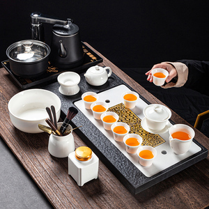 乌金石茶盘喝茶具套装家用白瓷茶杯全自动一体烧水壶排水石头茶台