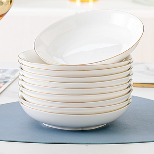 陶瓷盘子家用纯白色炒菜盘6个10个创意餐盘金边8寸装菜盘深盘套装