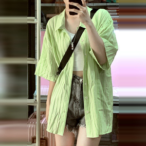 条纹绿色polo领短袖衬衫女夏季小衫2024新款设计感款式衬衣外套潮