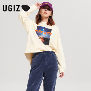 UGIZ冬季新款韩版女装字母贴面印花背后开叉落肩卫衣女UDTD906