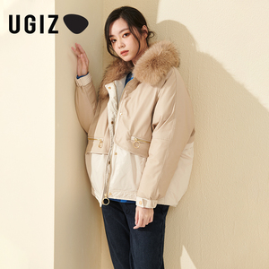 UGIZ2021冬季新品韩版女装休闲貉子毛领拼色短款羽绒服女UDYE952