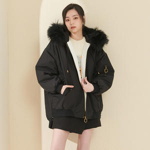 UGIZ商场同款冬季新品韩版女装宽松貉子毛连帽中长棉外套UDFG902