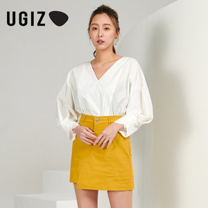 UGIZ夏季新品韩版女装时尚灯笼袖上衣复古V领纯色棉衬衫女UBSD934
