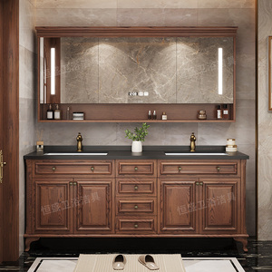美式红橡木岩板浴室柜组合卫生间洗漱台实木落地式智能双盆洗手盆