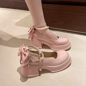粉色蝴蝶结珍珠玛丽珍鞋女2024新款夏季百搭配裙子法式粗跟小皮鞋