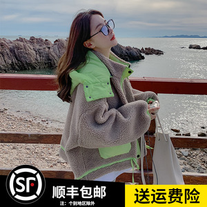 羊羔毛外套女冬季2023韩版新款短款小个子高级感百搭拼接棉衣棉服