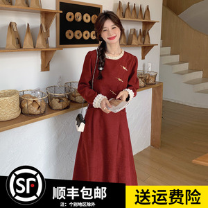 红色新中式国风假两件连衣裙女2024春季新款高腰显瘦气质优雅长裙