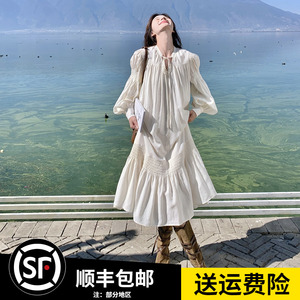 米白色长袖连衣裙2024年春季新款法式气质温柔风宽松显瘦仙女长裙