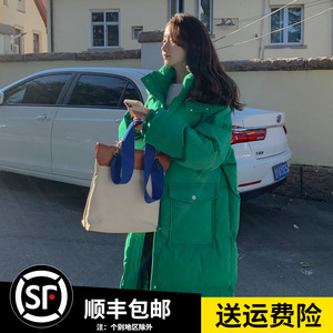 韩系设计感绿色爆款羽绒棉服女中长款2023年冬季新款加厚棉袄外套