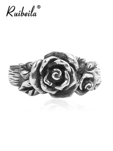 ruibeila925银复古玫瑰花朵泰银开口戒指个性简约女宫廷食指指环