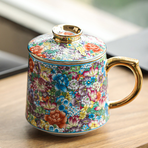 琨德珐琅彩茶杯陶瓷带盖杯子茶水分离过滤泡茶杯办公室个人专用杯