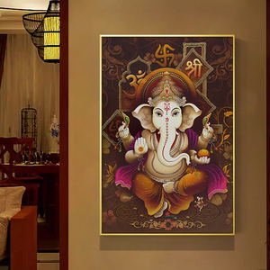 唐卡装饰画印度象头神迦尼萨挂画东南亚风餐厅养生馆瑜伽馆墙壁画