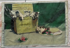60年代杭州织锦厂油画静物花猫丝织画老物件艺术真品装饰收藏