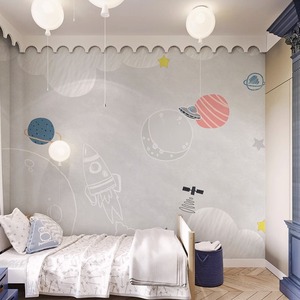 太空星球火箭墙纸男孩卧室房间环保墙布卡通儿童房壁布幼儿园壁纸