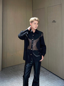 BIG Wisdom黑色镂空衬衫男新款网纱拼接韩版设计小众感长袖衬衣潮