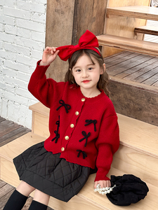 儿童新年款毛衣~女童甜美红色蝴蝶结针织衫宝宝包芯纱开衫外套冬