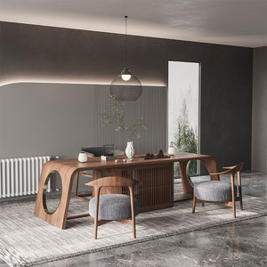 黑胡桃木办公茶台桌新中式茶桌椅组合实木禅意空间茶会所设计定制