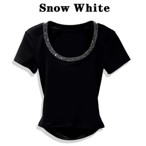 Snow White夏季新时尚领圈缝钻圆领棉t桖修身弹力T上衣打底短袖潮