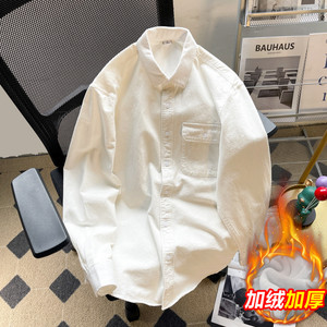 日系cityboy白色衬衫男秋冬季休闲百搭加绒外套潮流工装长袖衬衣