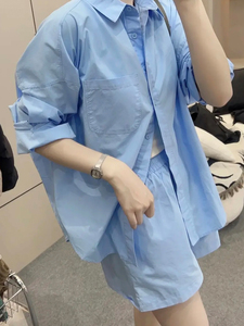 韩版时尚休闲运动套装女春夏慵懒风纯色防晒衬衫上衣+短裤两件套